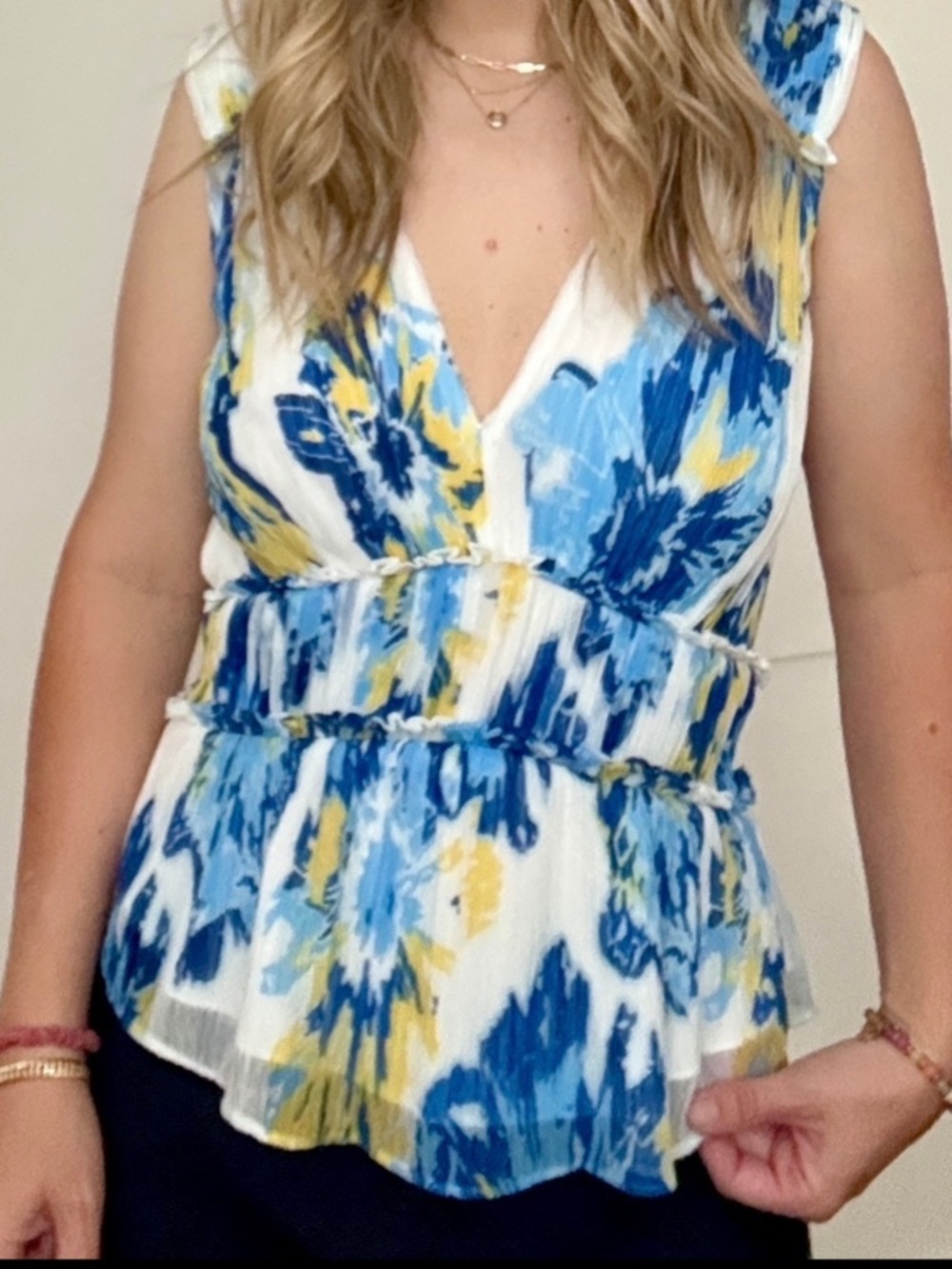 Ramy Brook Milwe Floral Sleeveless Peplum V Neck Crepe Fabric Top